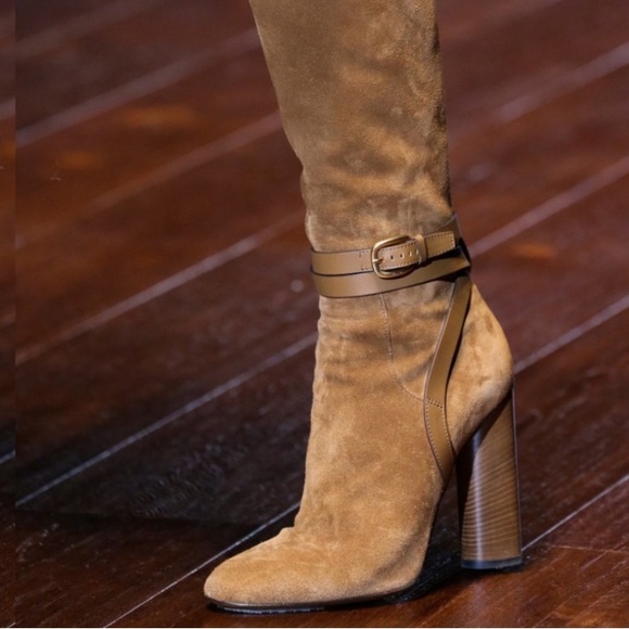 Gucci Shoes - Gucci Abigail Suede Knee High Block
Heeled Buckle Strappy Boots Size 36.5